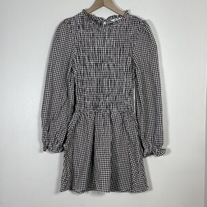 Cupshe Womens Gingham Mini Dress M Brown White Smocked Drop Waist Cottage Dainty